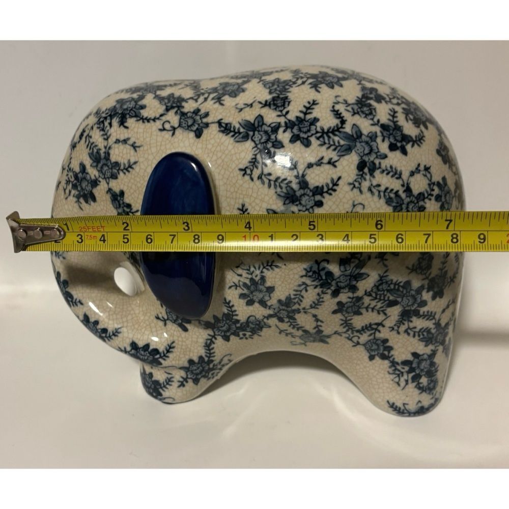 Ceramic Crackle Glaze White Blue floral Elephant Statue Figure 6" Tall / New - Picture 7 of 7